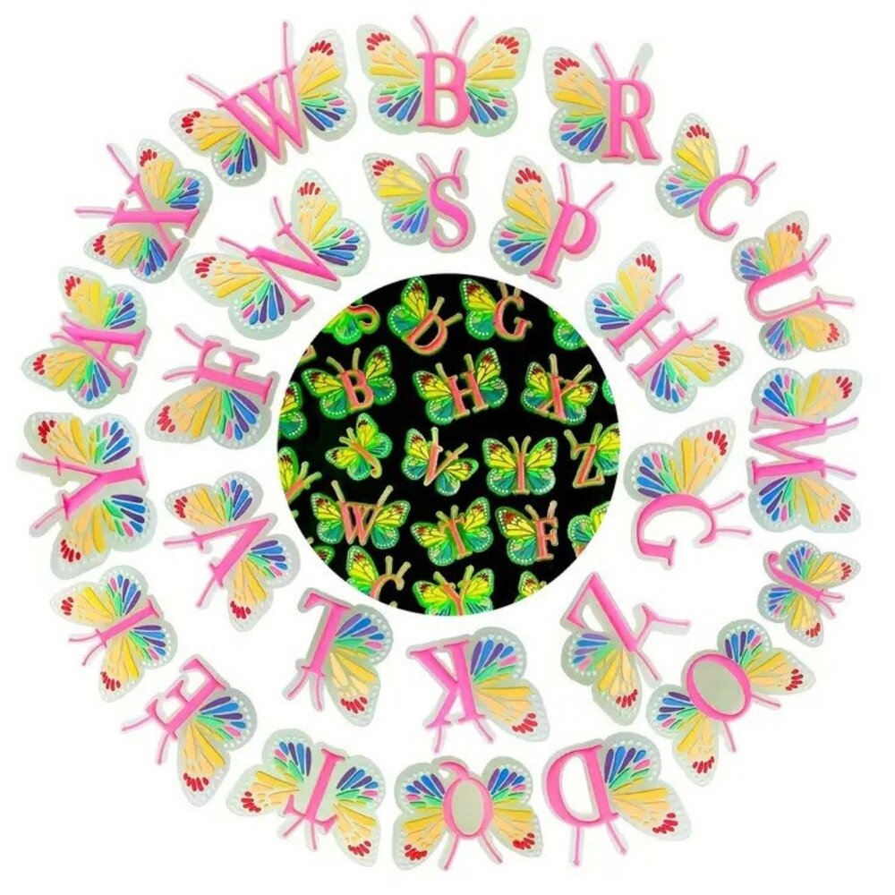 GLOW in the DARK letter BUTTERFLY INITIAL colorful SHOE CHARMS alphabet